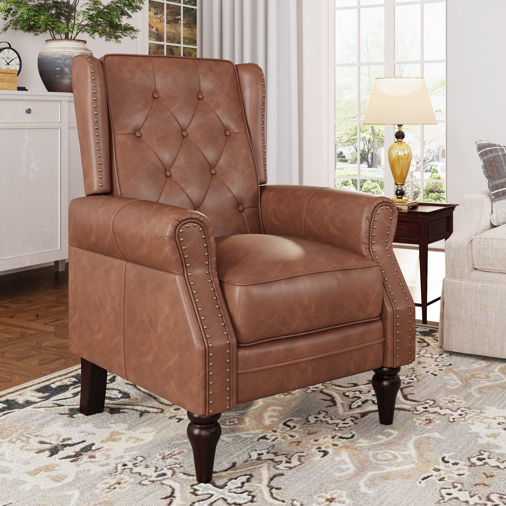Small Recliner Chair, Faux Leather Wingback Chair, Single Sofa Chair with Rivet Trim and Tufted Button, Club Chair with Wooden Legs, Pushback Arm