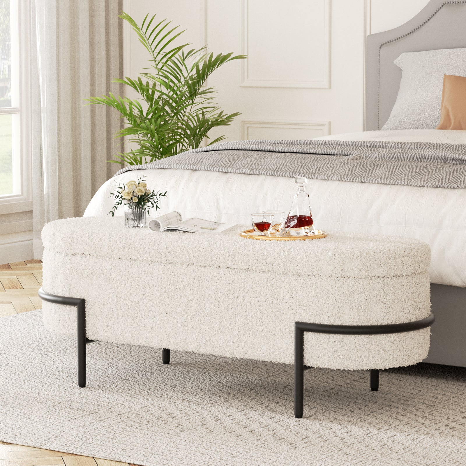 Sherpa Storage Bench, 52 Inch Bedroom Bench with Metal Stand and Hinge