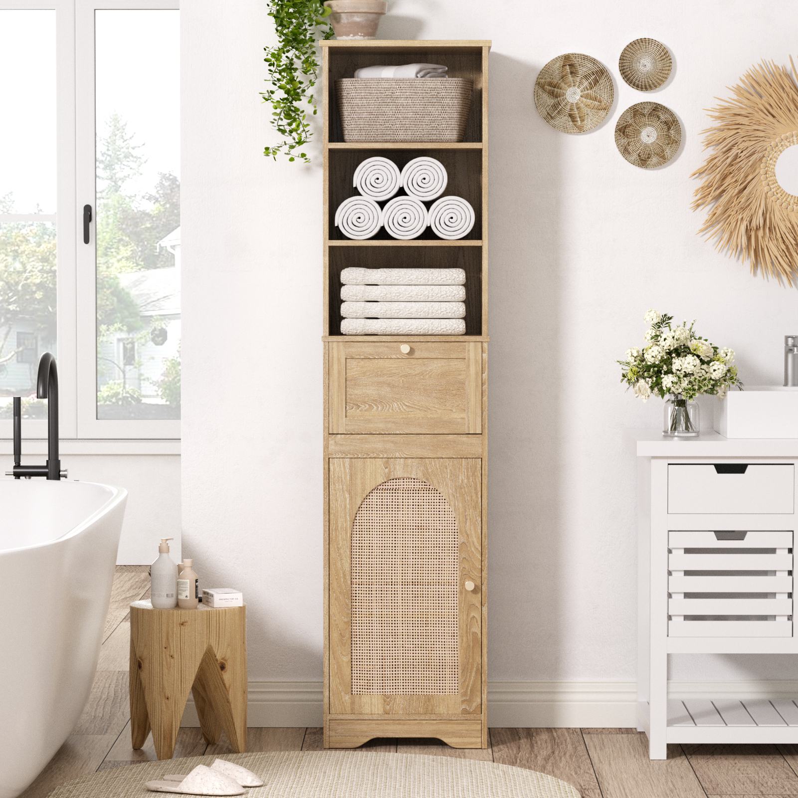 67"H Natural Bathroom Storage Cabinet with Rattan Doors and Slide storage, Tall narrow standing Tower Cabinet with Adjustable Shelves, Small Bathroom Floor Cabinet for Entryway, Kitchen