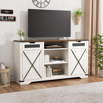 Farmhouse TV Stand, Antique White Entertainment Center with Storage Cabinets, Long Media Console Table with Metal X Barn Door, Country Rustic Television Stands for 75 Inch TVs, Living Room