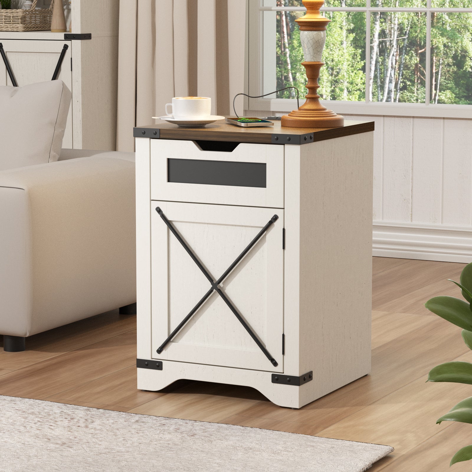 Farmhouse End Table with Charging Station, 26.4" H Side Table with Drawer and X Barn Door, Antique White Country Nightstand Bedside Table, Mid Century Modern Sofa Side Table for Living Room, Bedroom