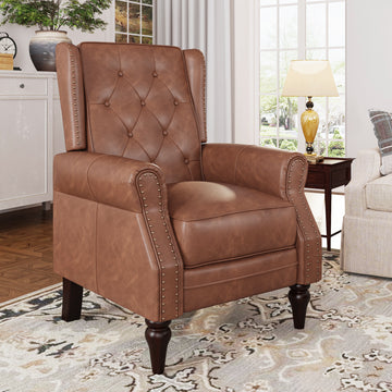 Small Recliner Chair, Faux Leather Wingback Chair, Single Sofa Chair with Rivet Trim and Tufted Button, Club Chair with Wooden Legs, Pushback Arm Chair for Living Room Bedroom Club Cafe