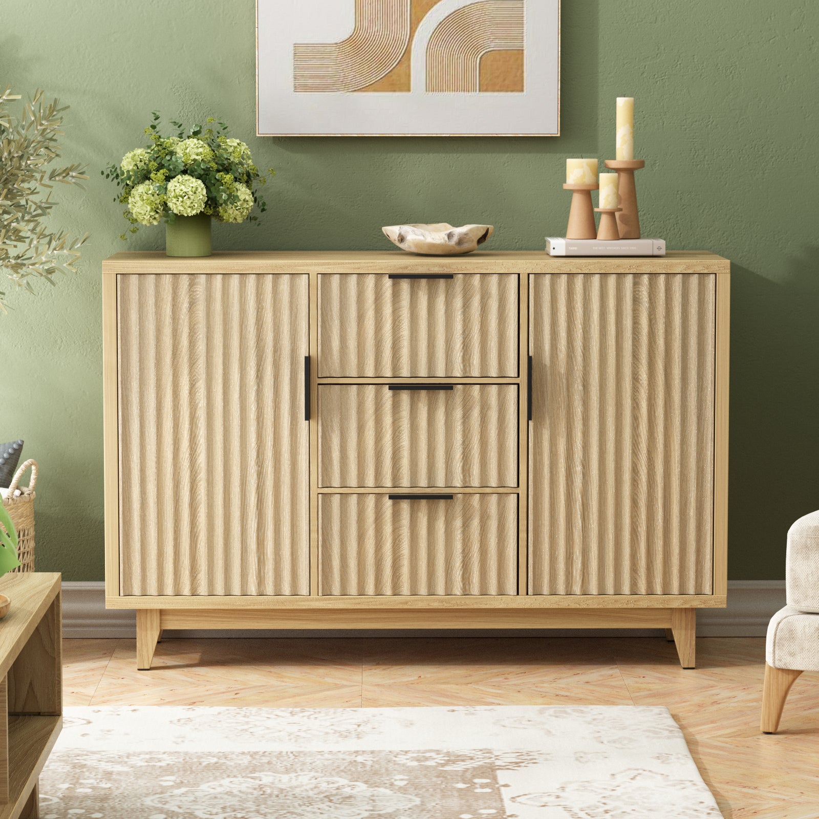 47.2" W Storage Cabinet with 3 Drawers, Fluted Buffet Cabinet with Storage, Large Sideboard Cabinet with 2 Door, Modern Mid Century TV Stand Coffee Bar Cabinet for Living Room, Kitchen, Entryway Visit the FiveWillowise Store