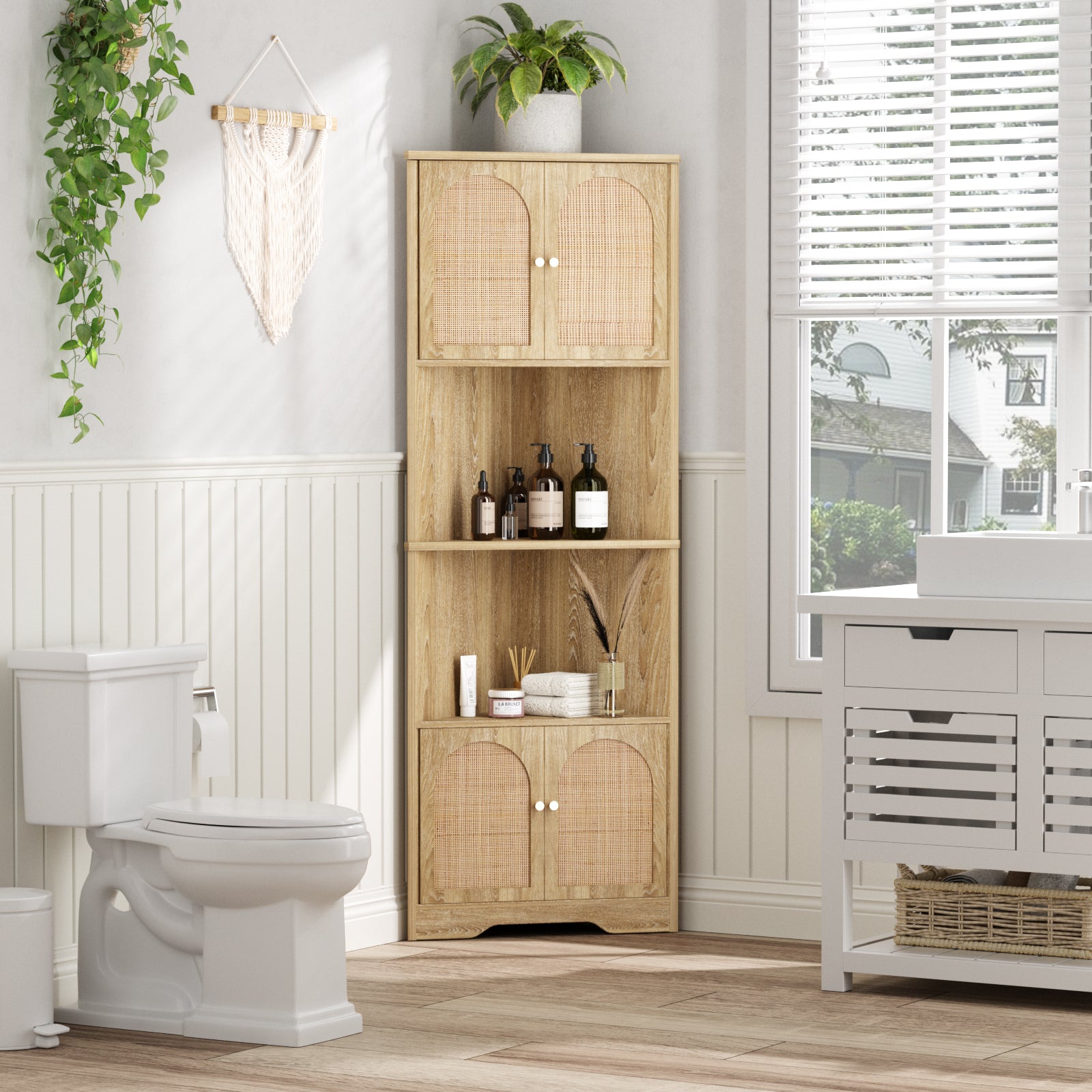 67''H Tall Corner Cabinet with Handmade Rattan Door, Rattan Storage Cabinet with Adjustable Shelves, Corner Bookshelf Space Saver for Barthroom, Kitchen, Living Room