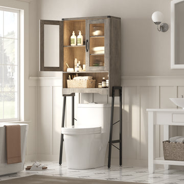 Over The Toilet Storage Cabinet with Tempered Glass Doors and Adjustable Shelf, Bathroom Organizer with Metal Stand Space Saver Over Toilet , Modern Toilet Rack for Bathroom, Restroom, Laundry