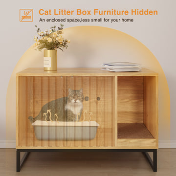 Litter Box Enclosure, Modern Fluted Hidden Litter Box Furniture,Cat Litter Box Enclosure with Scratching Mat,Cat House Side End Table,White