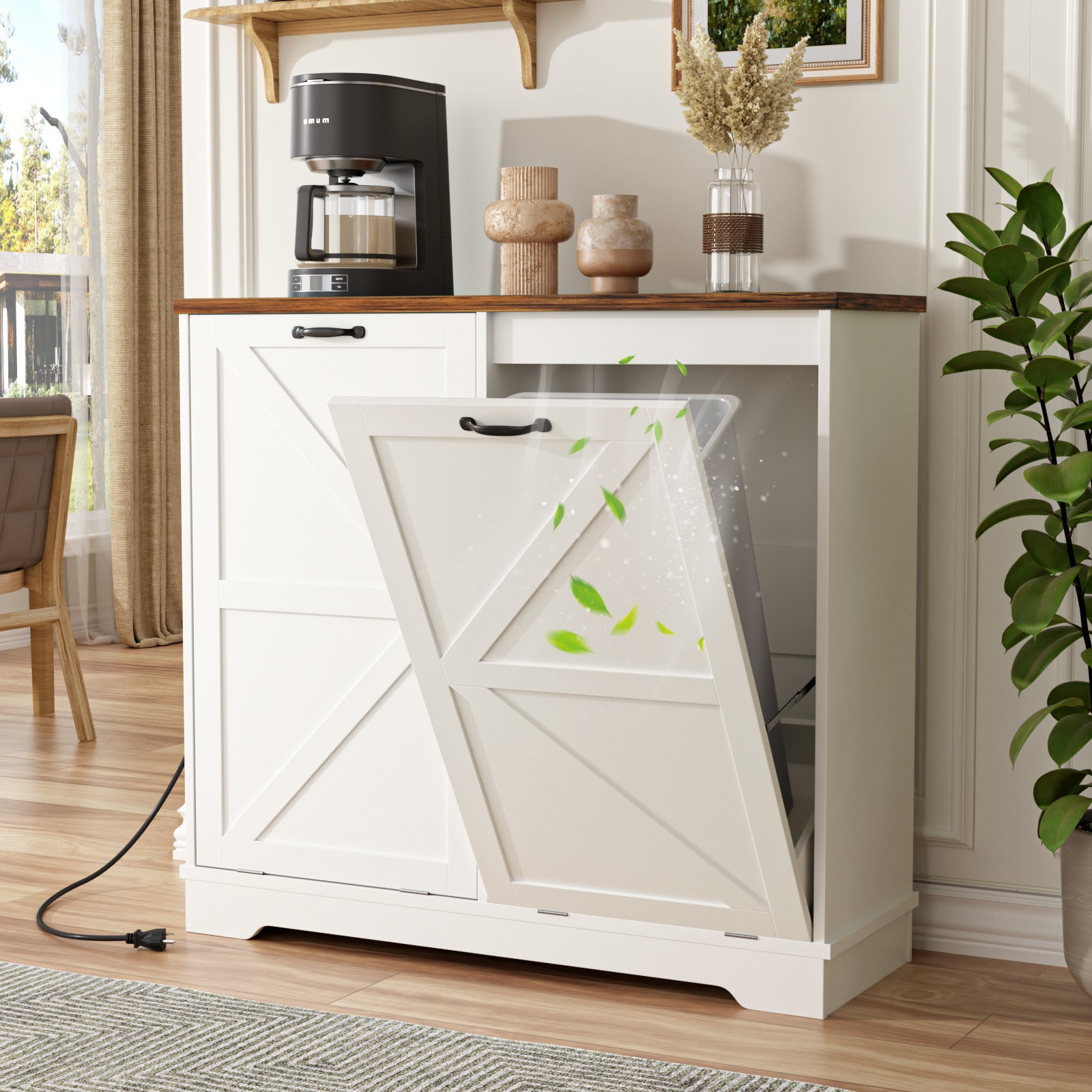 13 Gallon Tilt Out Trash Can Cabinet, Farmhouse Double Trash Can Cabinet with Deodorizing Function, Dog Proof Garbage Can Holder for Kitchen Living Room, Black