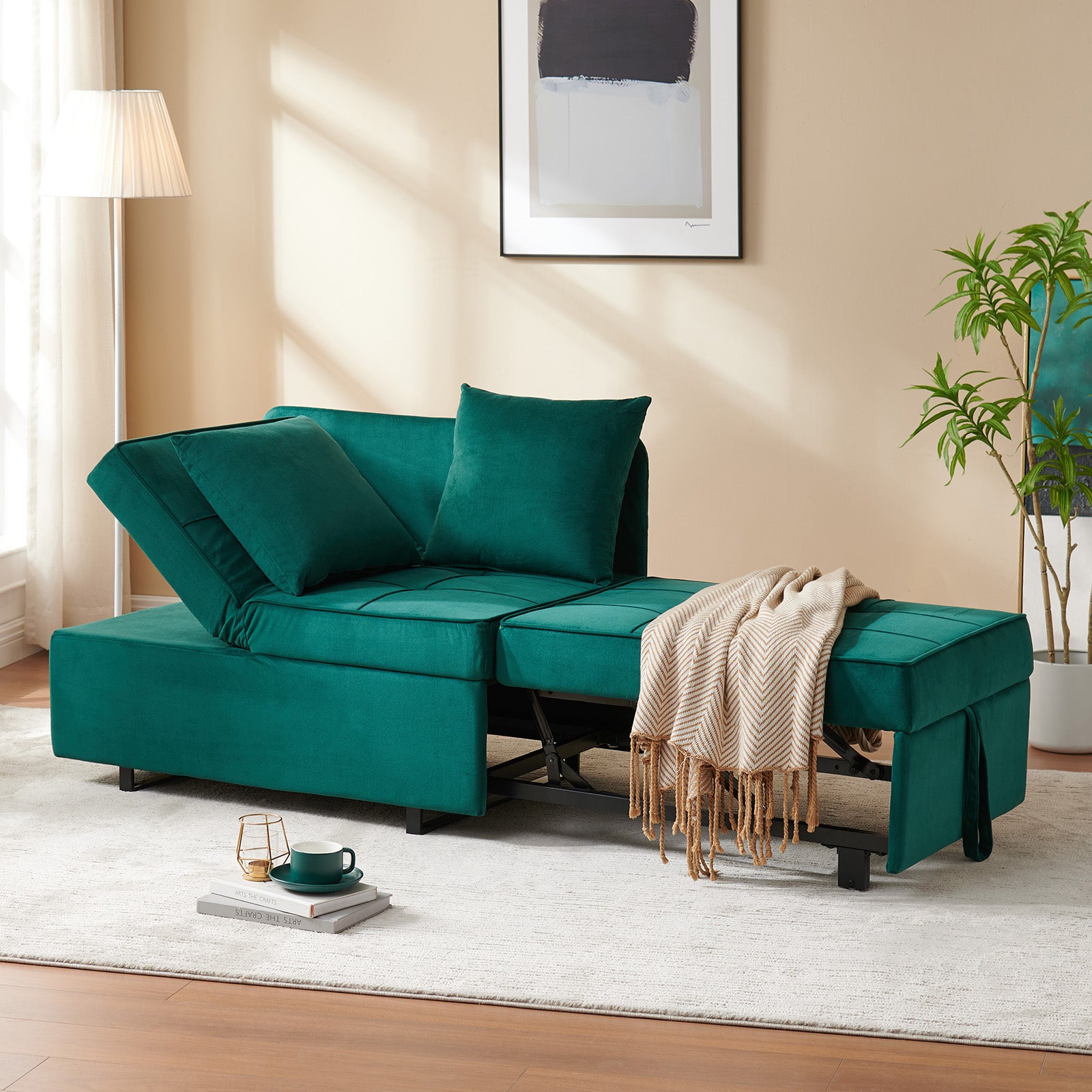 Convertible Sofa Bed 4-in-1 Velvet Sleeper Sofa Chair Bed Pull Out Futon Couch Bed with USB Ports 5 Adjustable Backrest and Pillow Fold Out Ottoman Bed for Small Spaces Living Room Apartment