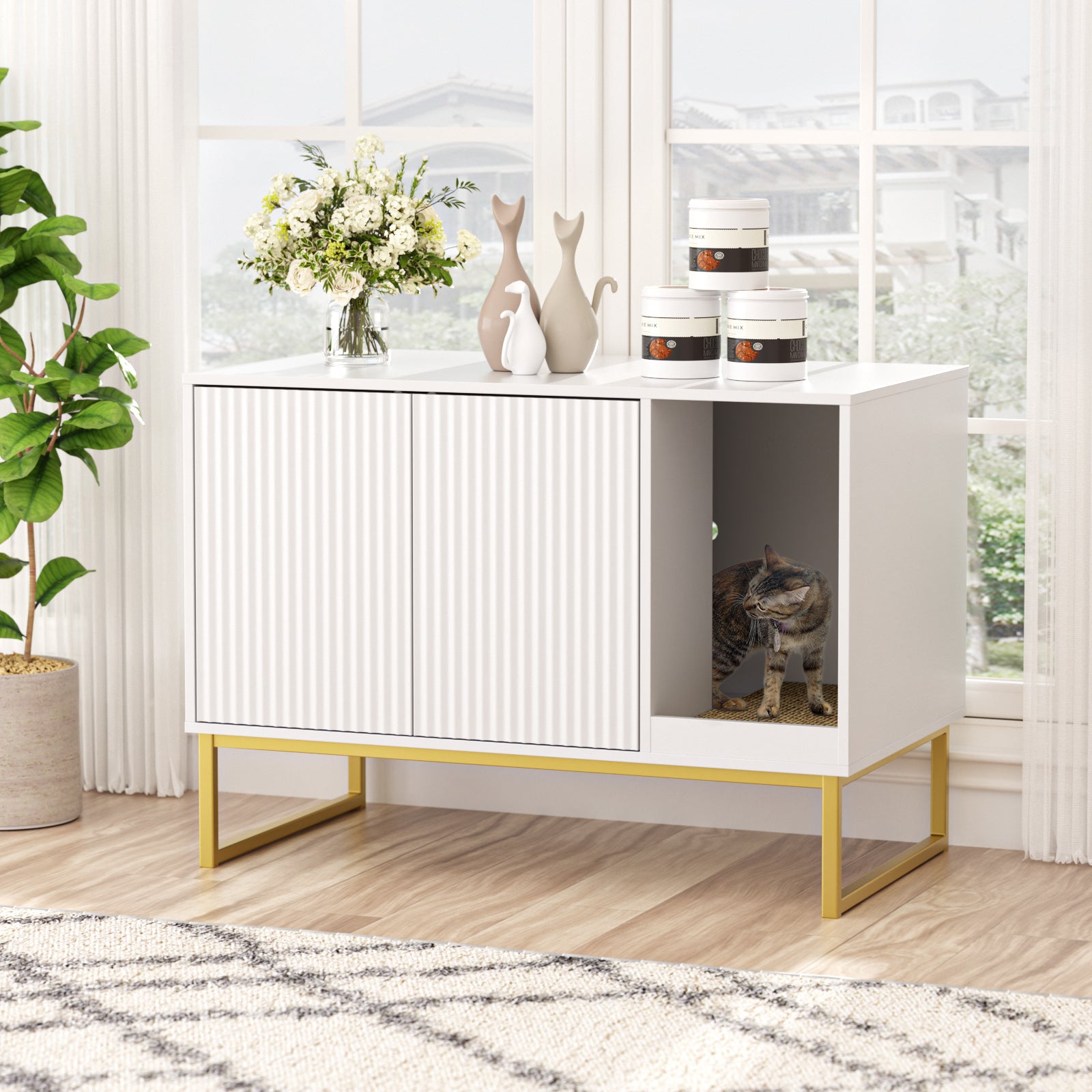 Cat Litter Box Enclosure, Hidden Litter Box Furniture with Scratch Pad, Large Cat Cabinet for 2 Kitties, 4 Doors Modern Indoor Pet House, 47.2 x 17.7 x 25.9 Inches, for Living Room, Hallway