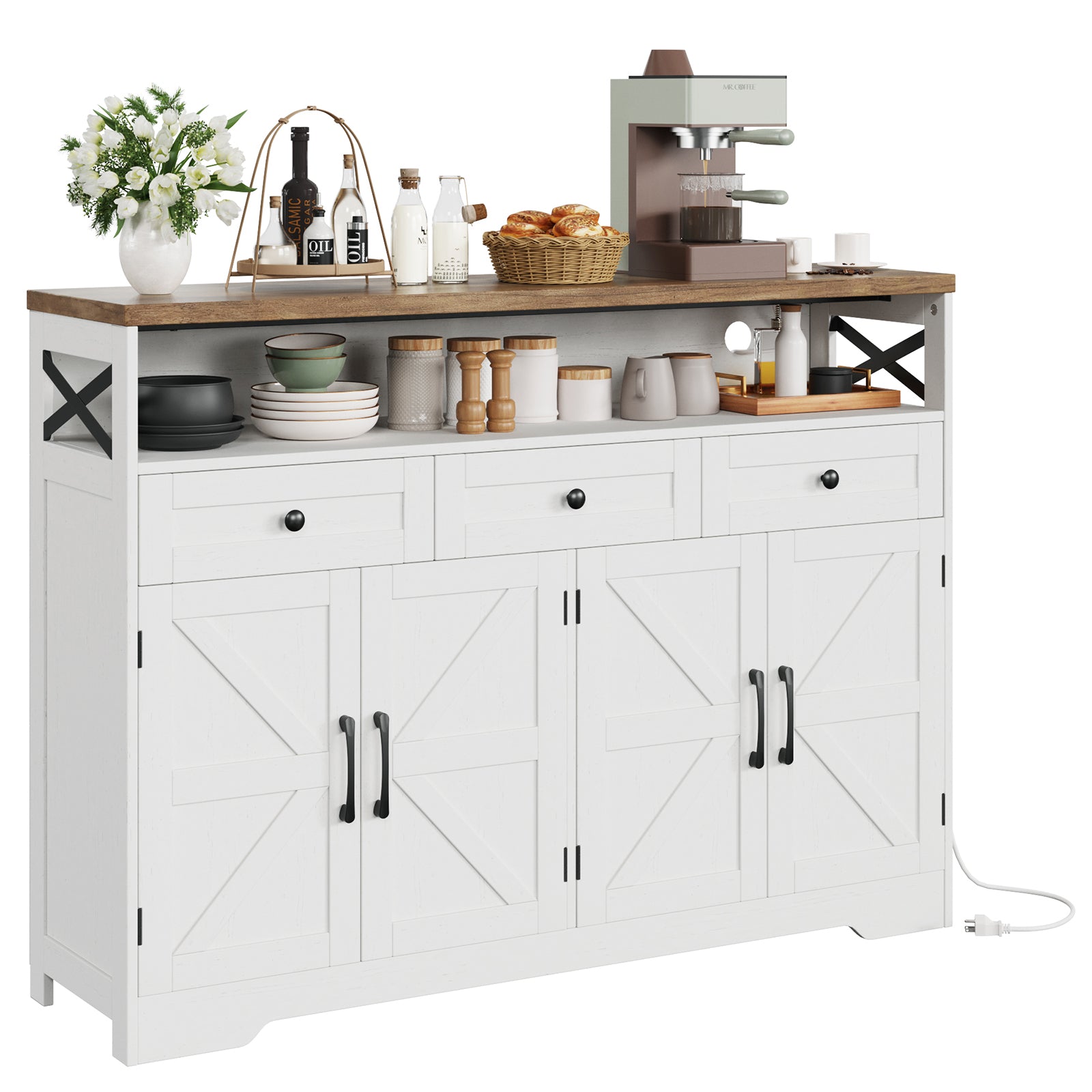 51" Farmhouse Buffet Sideboard Cabinet with Drawers and Barn Doors, Storage Cabinet with Shelf, Kitchen Pantry Cabinet Hutch, Coffee Bar Station Cabinet for Kitchen, Dining, Living room