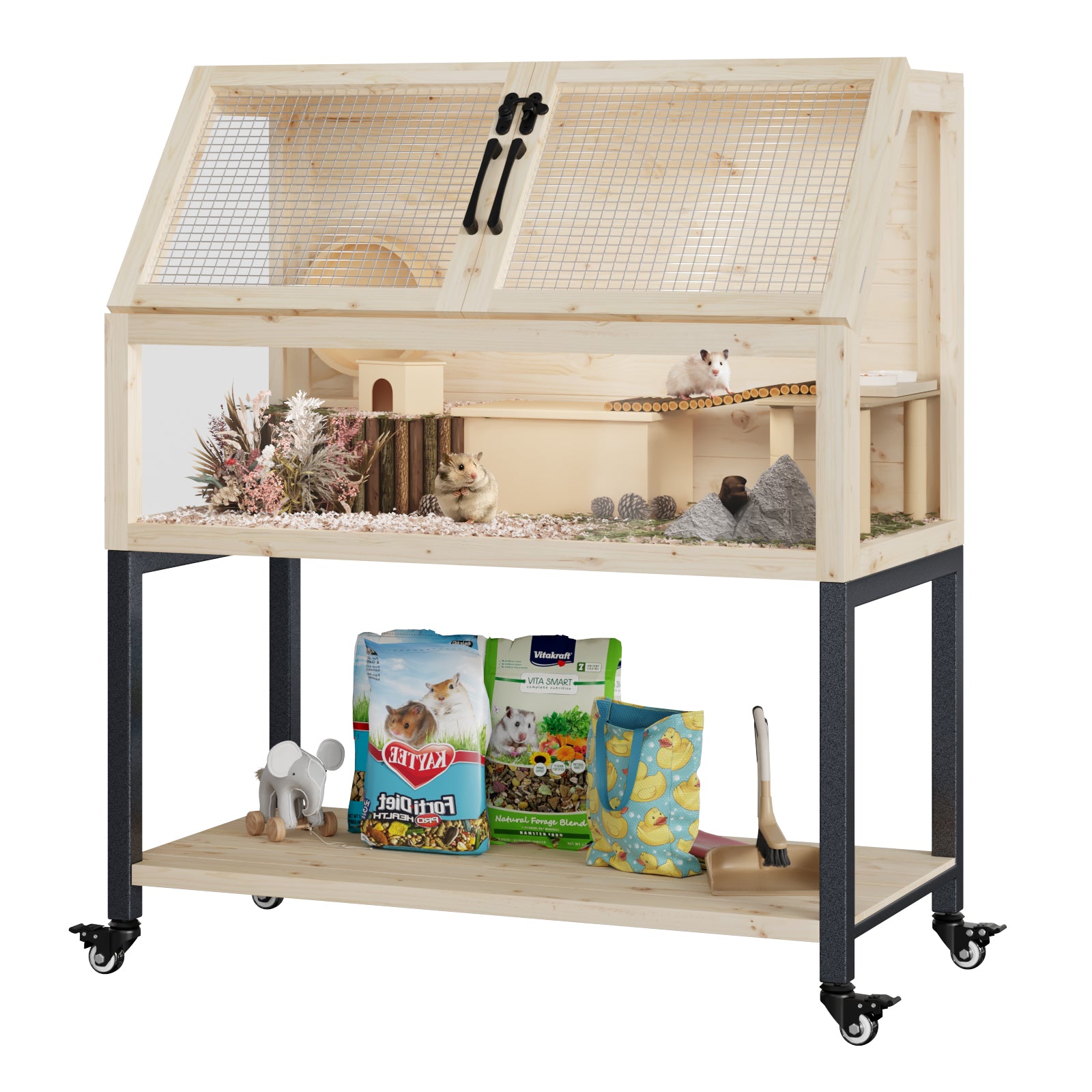 FiveWillowise Wooden Hamster Cage with Storage Shelf,Ventilated Small Animal Cage for Guinea Pig,Rat,Hedgehog,Chinchilla,Large Hamster Cages and Habitats with Acrylic Panels,Natural