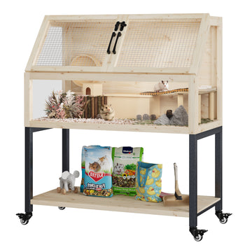 FiveWillowise Wooden Hamster Cage with Storage Shelf,Ventilated Small Animal Cage for Guinea Pig,Rat,Hedgehog,Chinchilla,Large Hamster Cages and Habitats with Acrylic Panels,Natural