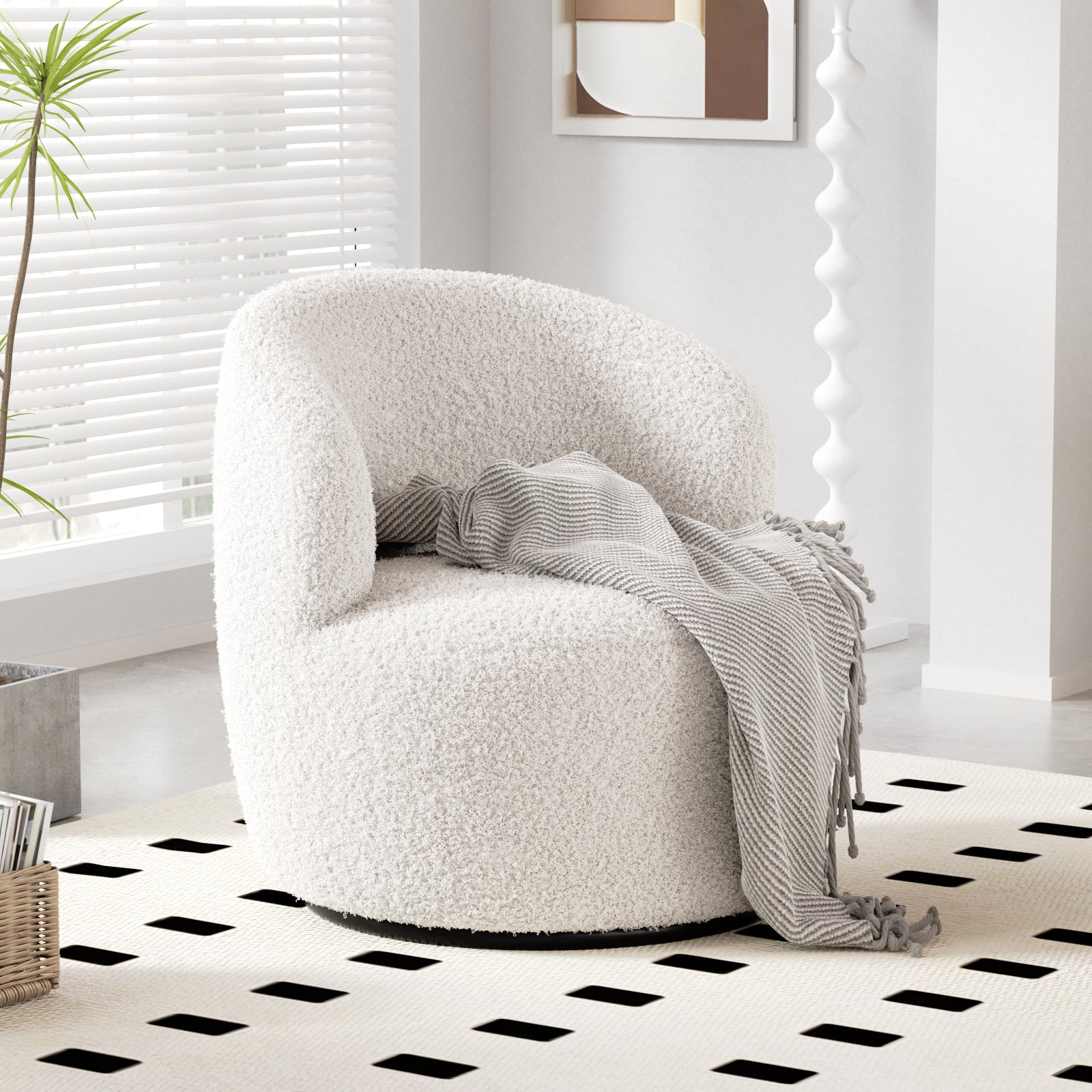 Swivel Accent Chair, Barrel Chairs, Furry Sherpa Chair with Soft Padded Armrest, Cozy Modern Chair for Living Room Bedroom Waiting Room Office, White