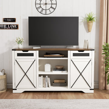 Farmhouse TV Stand, Antique White Entertainment Center with Storage Cabinets, Long Media Console Table with Metal X Barn Door, Country Rustic Television Stands for 75 Inch TVs, Living Room