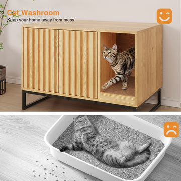 Litter Box Enclosure, Modern Fluted Hidden Litter Box Furniture,Cat Litter Box Enclosure with Scratching Mat,Cat House Side End Table,White