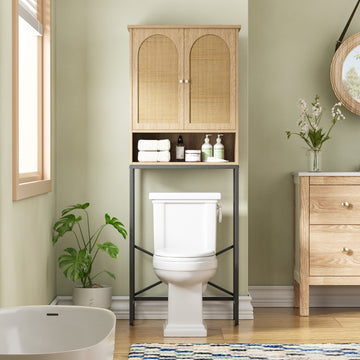 FiveWillowise Rattan Toilet Storage Cabinet, Over The Rack Wood Cabinet with Metal Stand, Bathroom Organizer with Adjustable Shelf, Tall Freestanding Washer Shelf, Small Cupboard