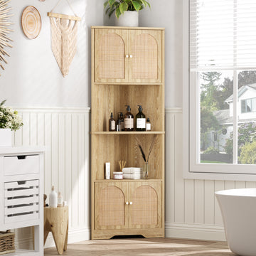 67''H Tall Corner Cabinet with Handmade Rattan Door, Rattan Storage Cabinet with Adjustable Shelves, Corner Bookshelf Space Saver for Barthroom, Kitchen, Living Room