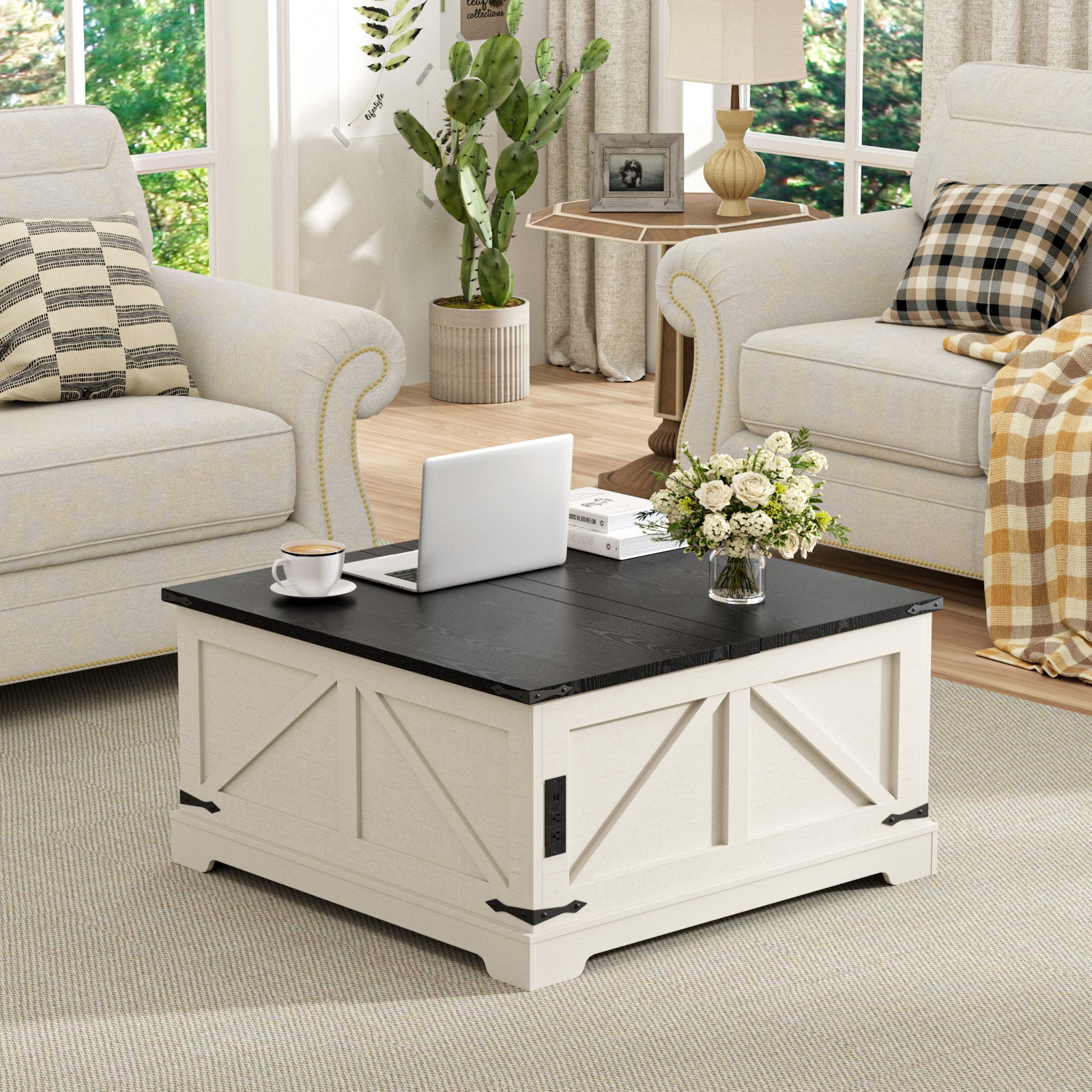 Farmhouse Lift Top Coffee Table with Storage, 31.5" W Wood Square Center Table with Charging Station, Rustic Cocktail Tables with Flip Top Lids for Living Room, Home Office, Modern Black