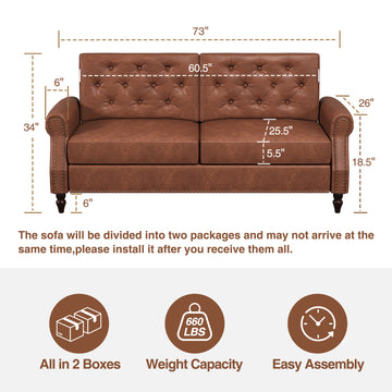 Couch, 73-inch Sofa Couch, Faux Leather Couch, Office Couch with Wooden Legs, Vintage Couch with Rolled Armrests, Mid Century Modern Couch for Living Room Small Apartment