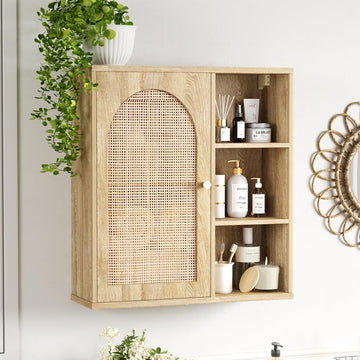 hanging cabinet for plants Rattan Bathroom Wall Cabinet, Boho Medicine Wall Cabinets with Door an